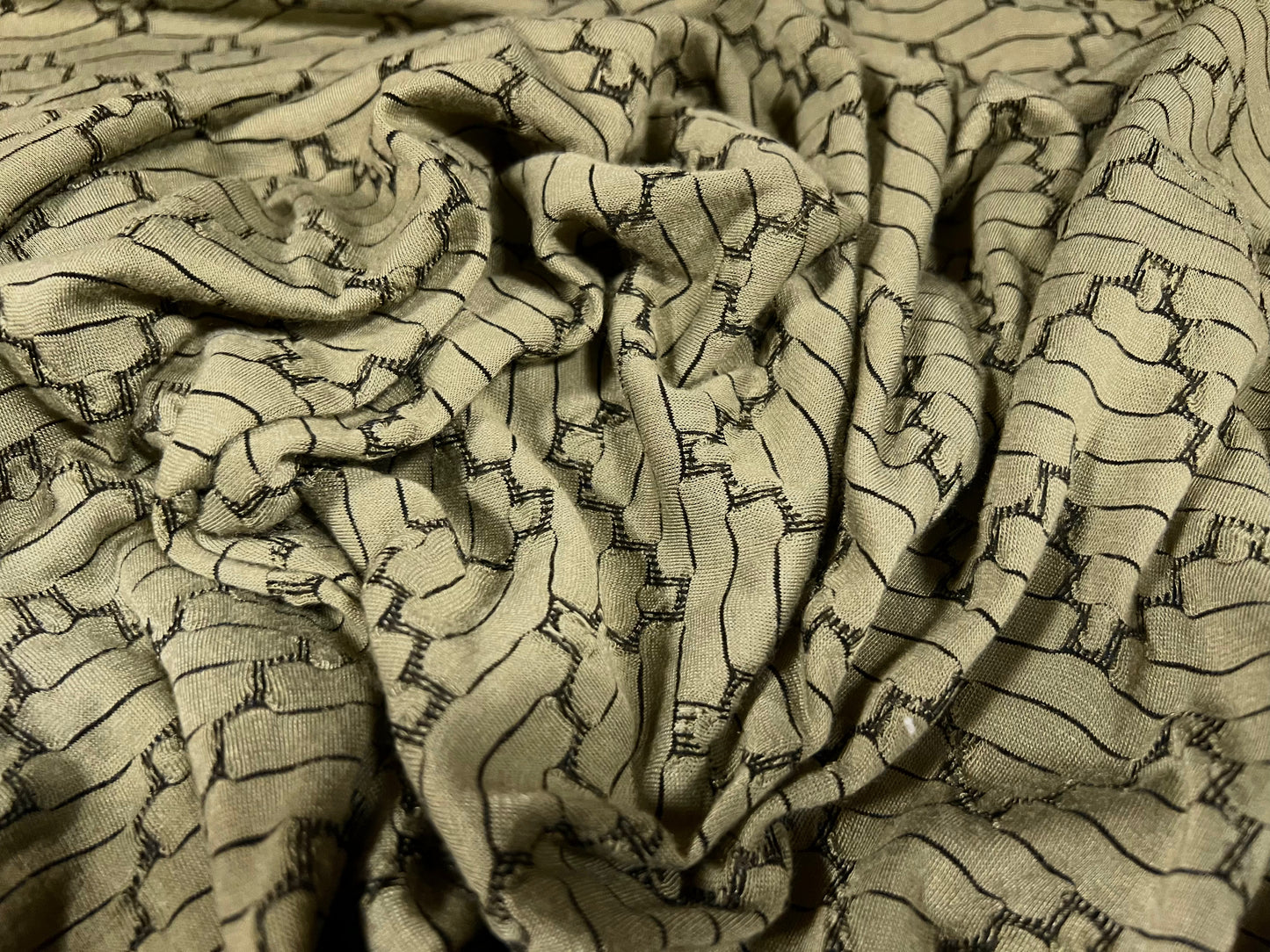 Double jersey stretch spandex fabric, per metre - Inca chevron jacquard - khaki green