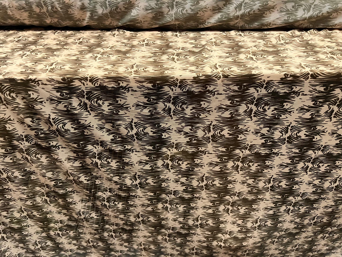 Power mesh net sheer stretch spandex fabric, per metre - tribal swirl tattoo print - nude & khaki