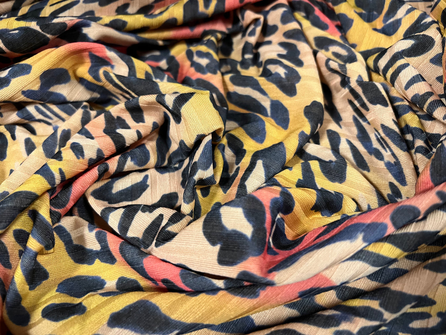 Stretch spandex rib jersey fabric, per metre - leopardskin sunset print - pink nude & yellow