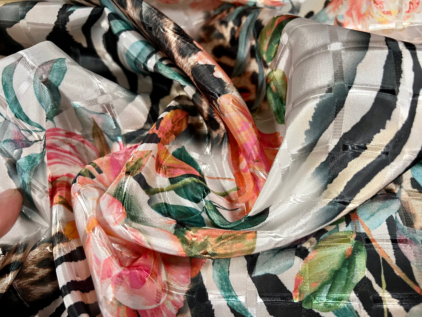 Satin jacquard woven dress fabric, per metre - Floral print with leopardskin