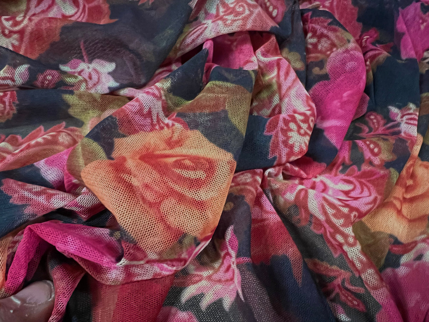 Power mesh net stretch spandex fabric, per metre - rose paisley flower print - black & pink