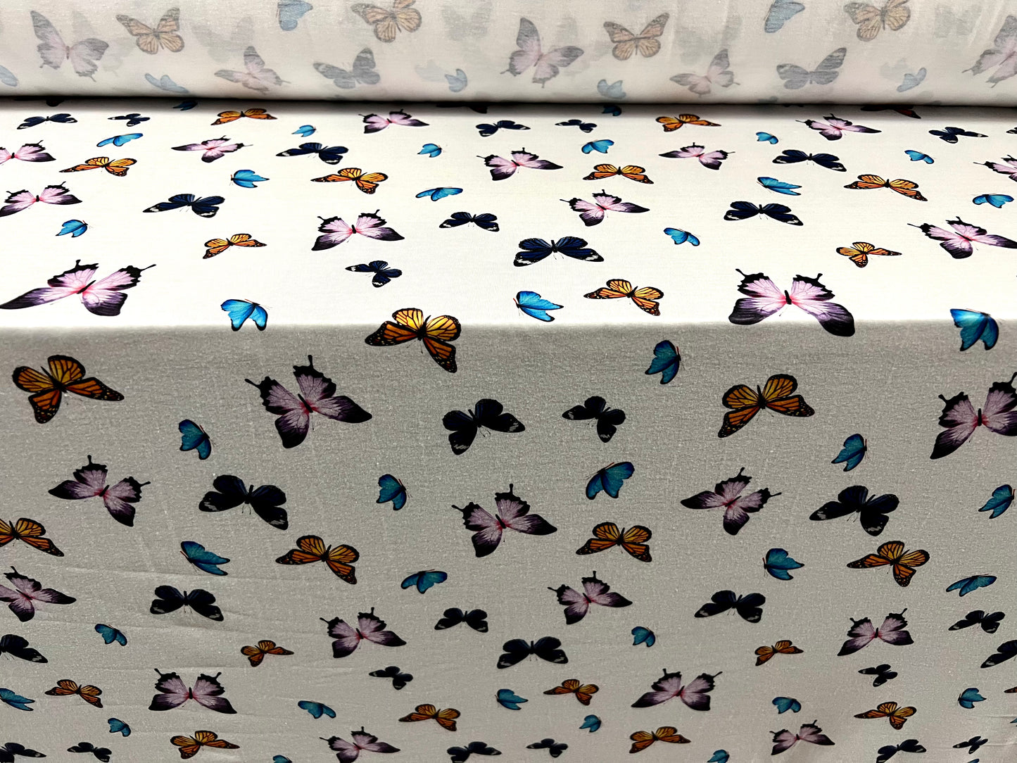 Soft handle single jersey fashion fabric, per metre - butterfly print - white lilac & blue