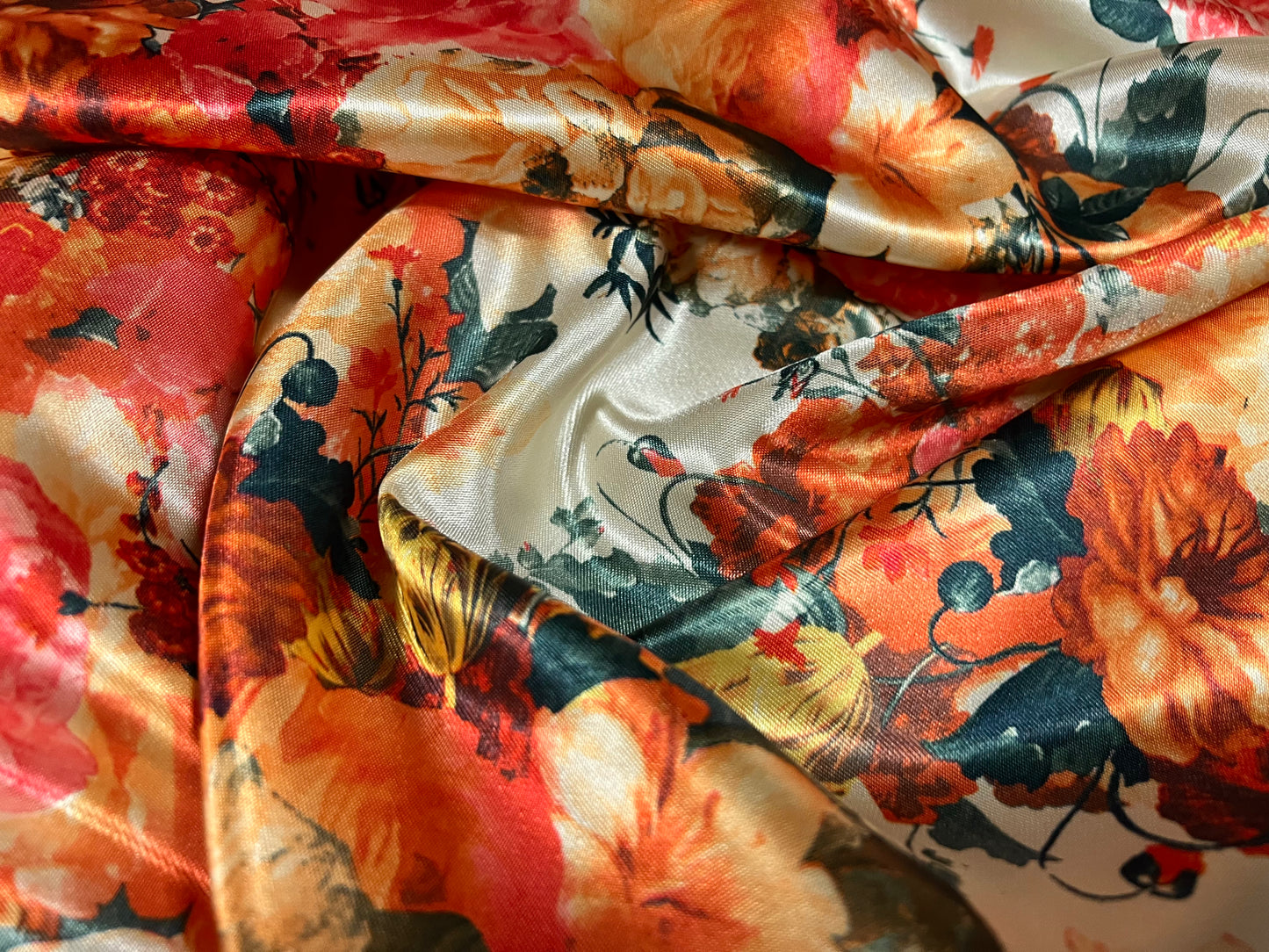 Silky Satin woven dress fabric, per metre - rose garden print - pink orange & lemon