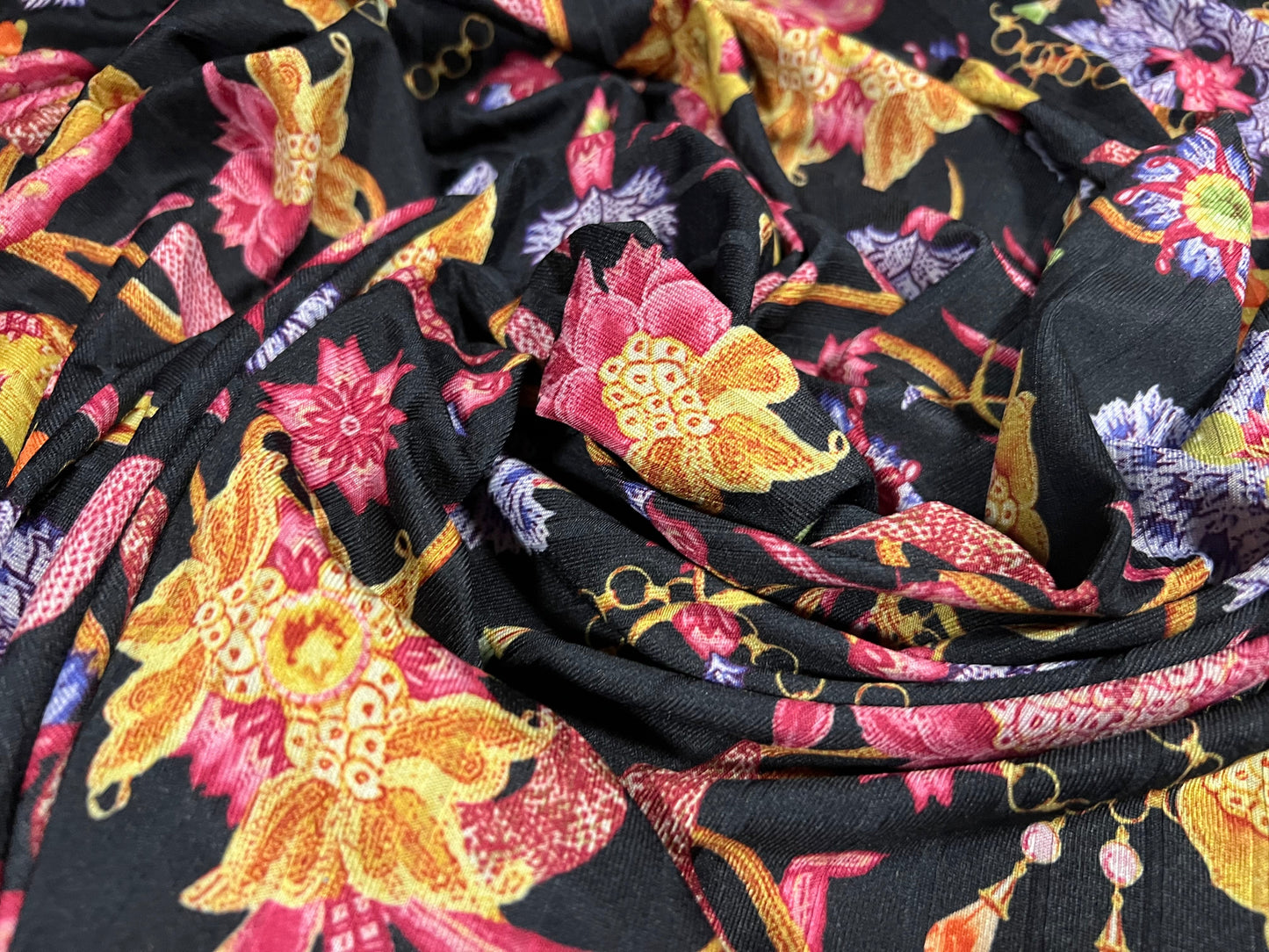 Ribbed stretch spandex jersey fabric, per metre - Flowers & Chains print - black gold pink lilac