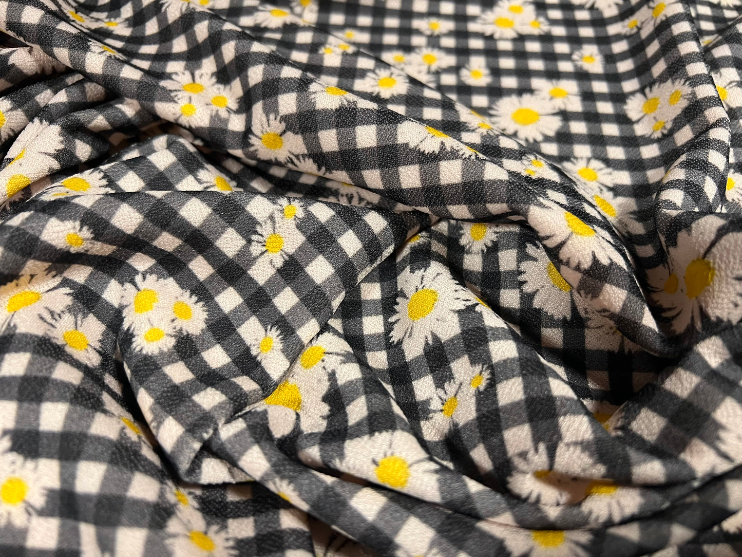 Valentino scuba style stretch spandex jersey fabric, per metre - gingham daisy flower print - black blush & yellow