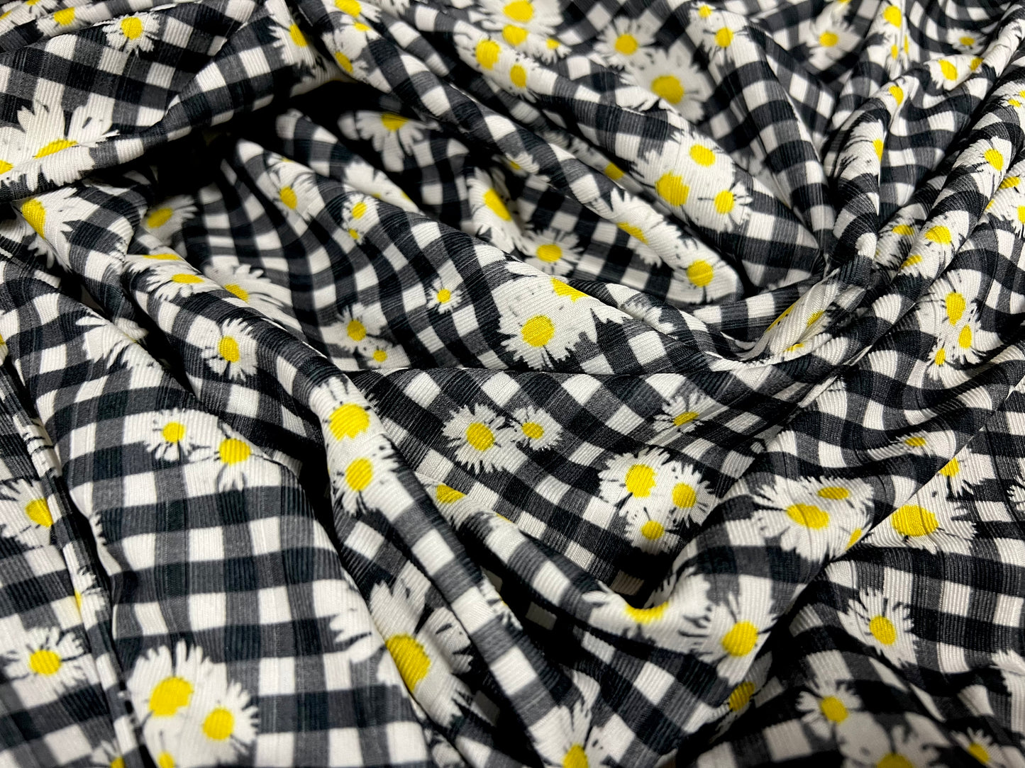 Ribbed stretch spandex jersey fabric, per metre - gingham daisy flower print - black white & yellow