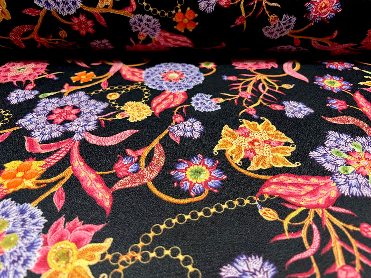 Valentino crepe spandex jersey fabric - similar to scuba - per metre - flowers & gold chains print - black pink lilac