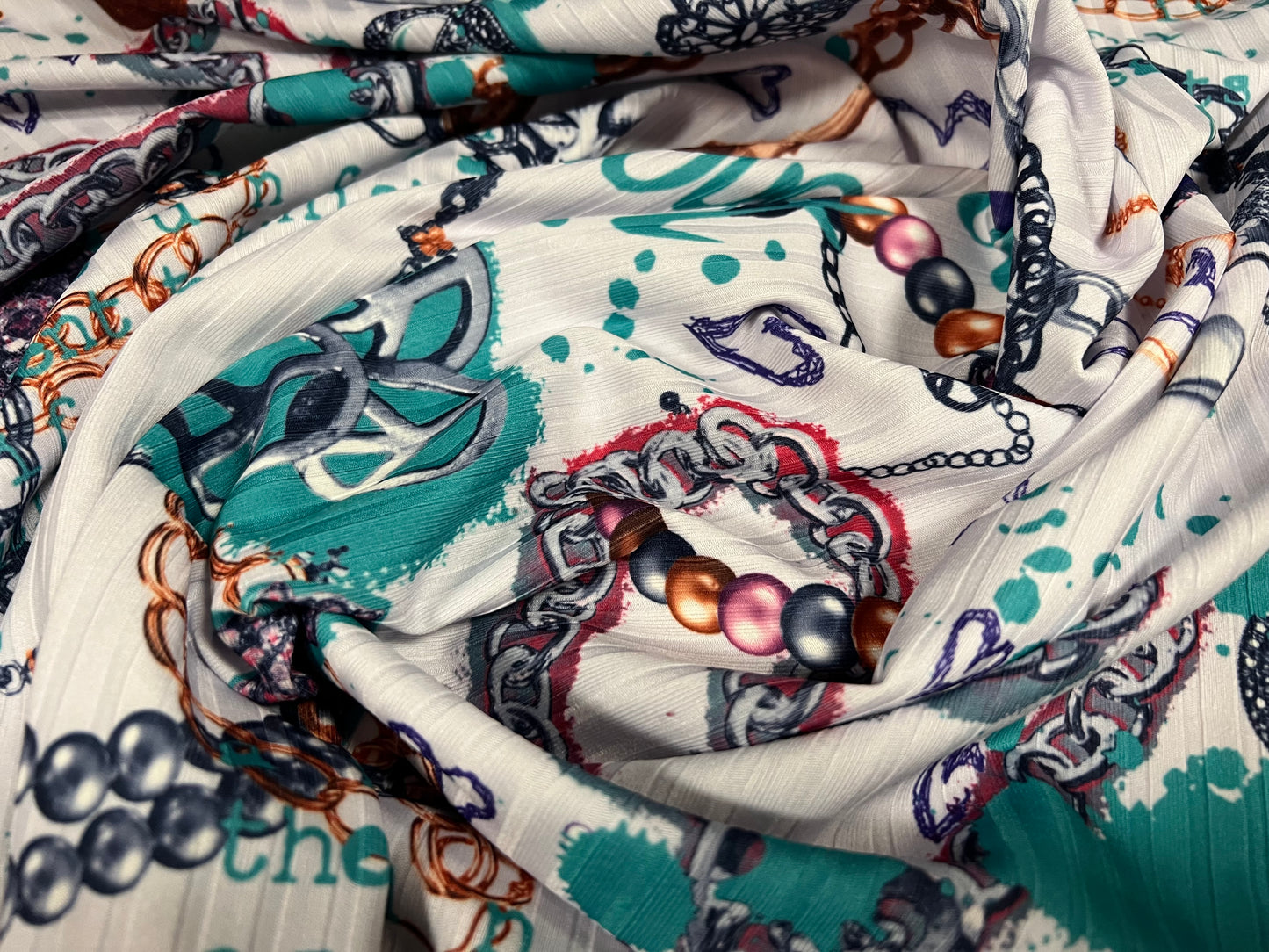 Ribbed stretch spandex jersey fabric, per metre - love and peace print - dove grey