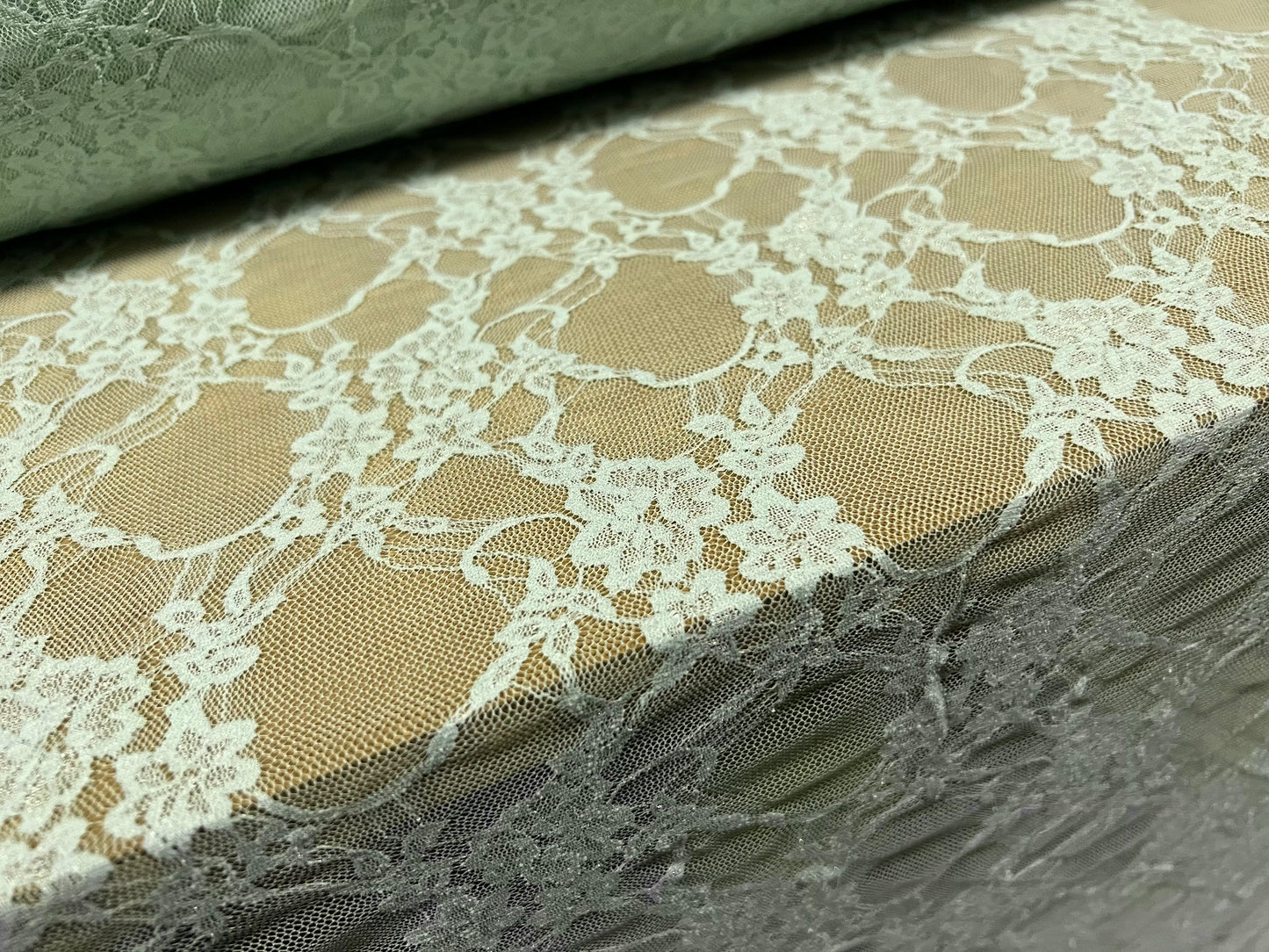Stretch spandex lace mesh net fabric, per metre - floral - mint green