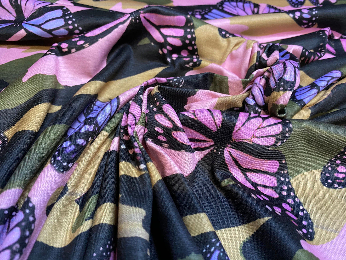 Viscose spandex stretch jersey fabric, per metre - camouflage butterfly print