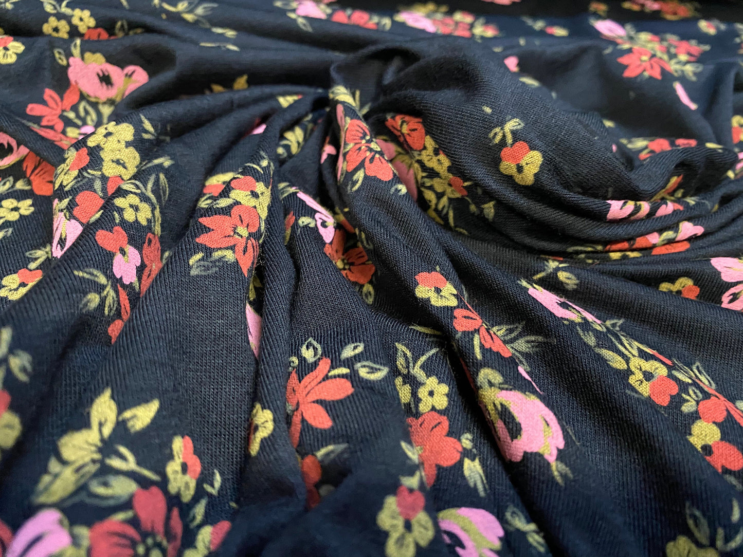 Viscose spandex stretch jersey fabric, per metre - black with pink & coral floral print