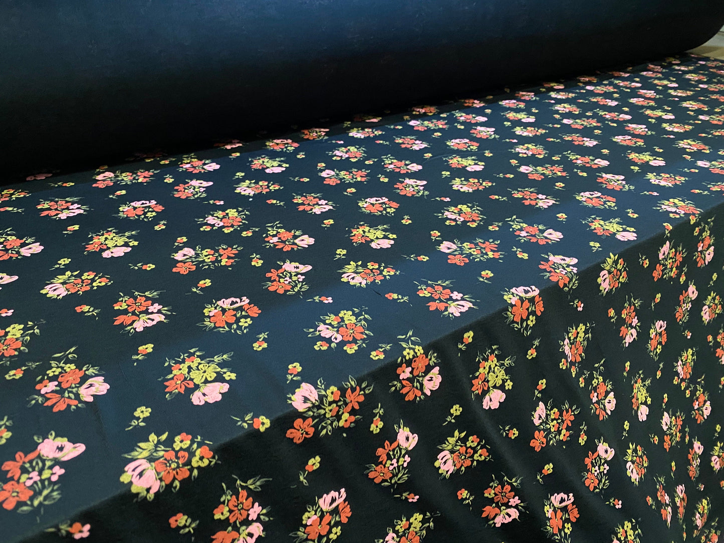 Viscose spandex stretch jersey fabric, per metre - black with pink & coral floral print