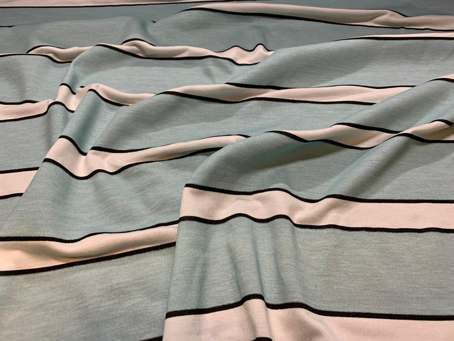 Viscose spandex stretch jersey fabric, per metre - duck egg & white stripe print