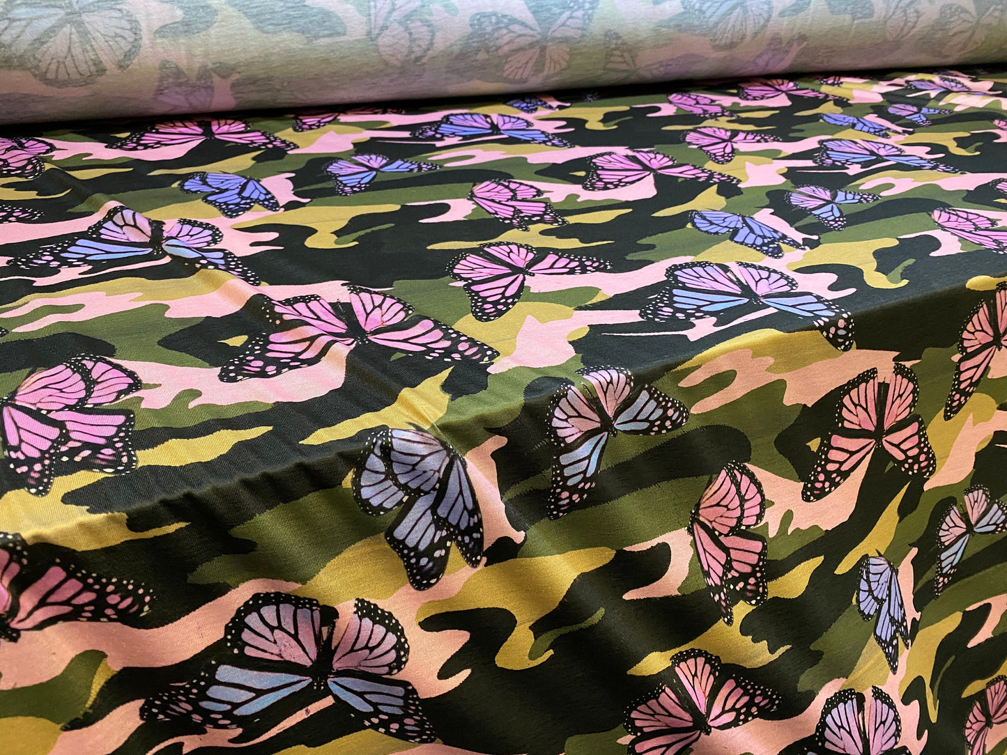 Viscose spandex stretch jersey fabric, per metre - camouflage butterfly print
