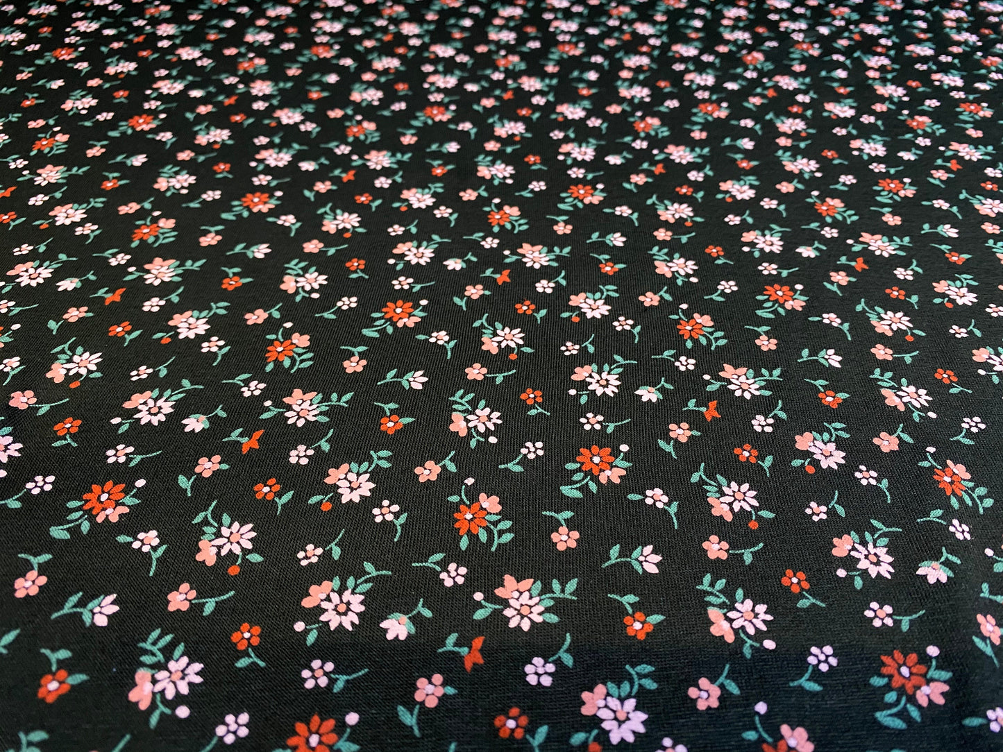 Viscose spandex stretch jersey fabric, per metre - black with pink floral ditsy print