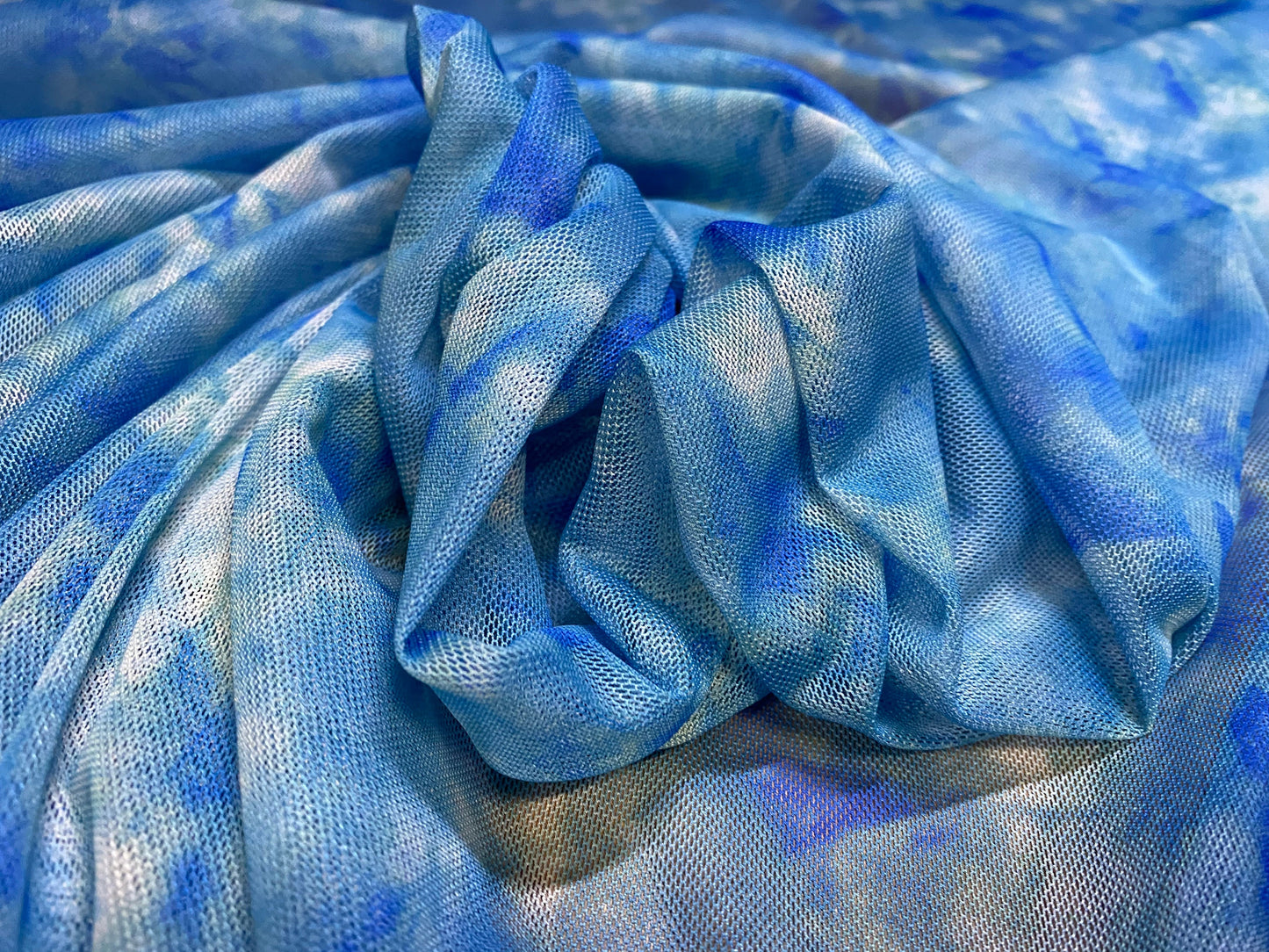 Power mesh net stretch fabric, per metre - blue tie dye print