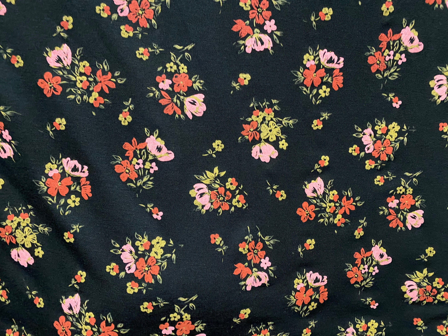 Viscose spandex stretch jersey fabric, per metre - black with pink & coral floral print