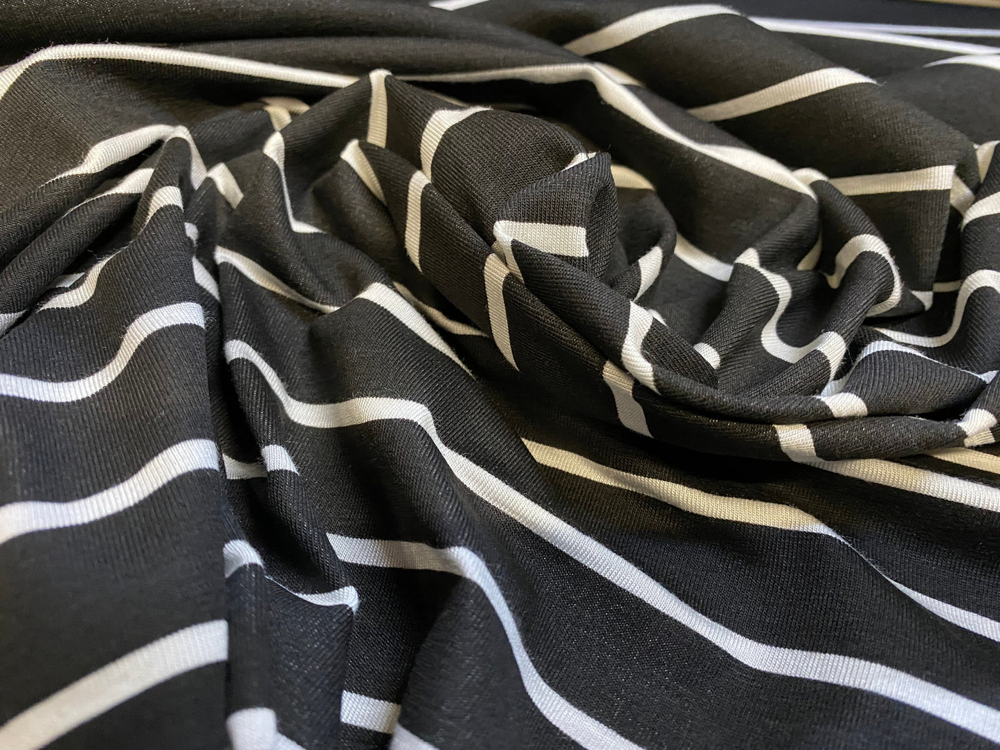 Viscose spandex stretch jersey fabric, per metre - black & white printed stripe