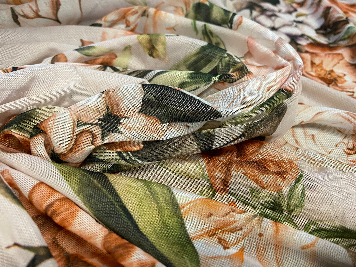 Power mesh net stretch fabric, per metre - nude & burnt Orange rose floral print