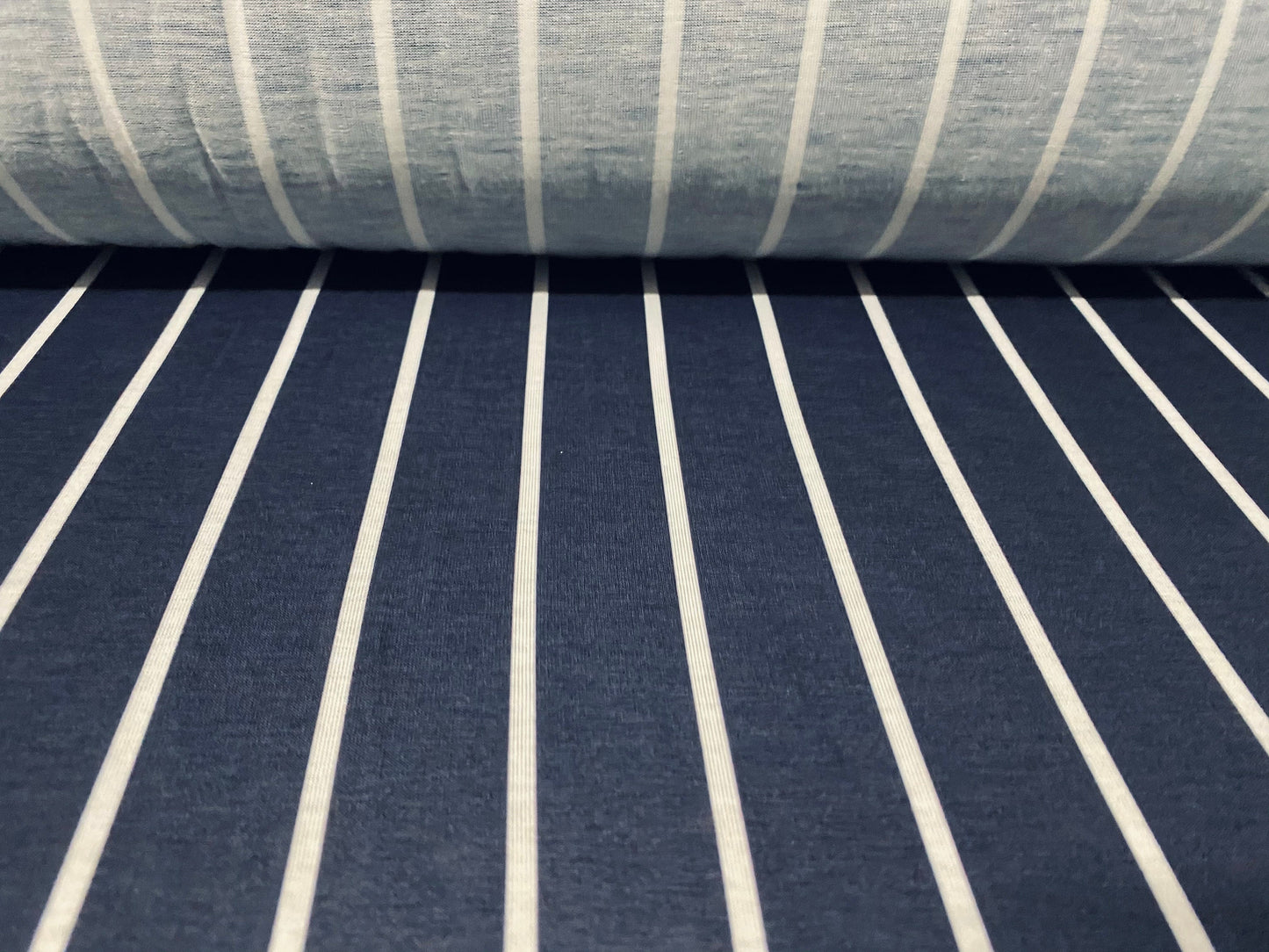Viscose spandex stretch jersey fabric, per metre - navy & white butchers stripe print