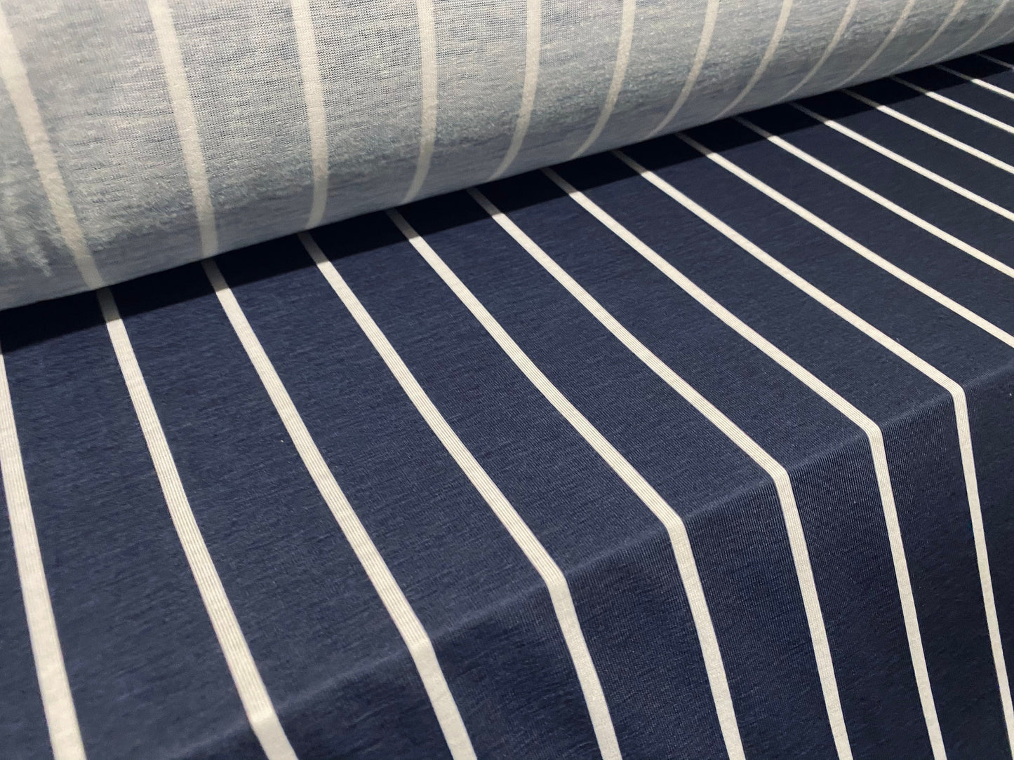 Viscose spandex stretch jersey fabric, per metre - navy & white butchers stripe print