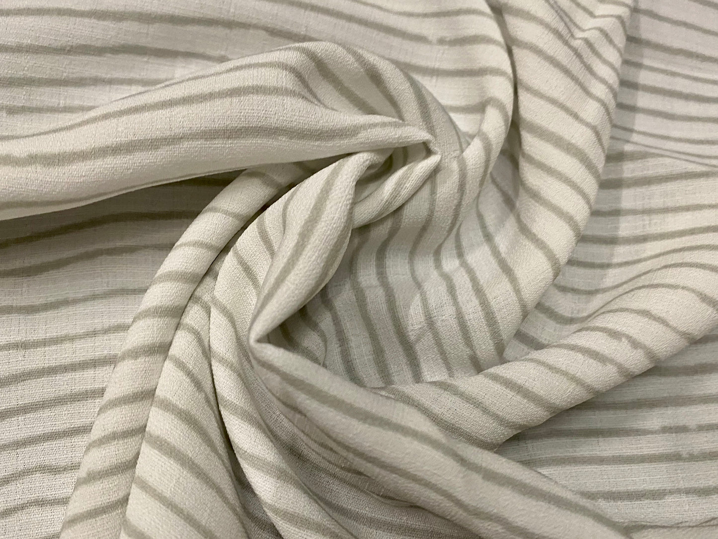 Woven crepe dress fabric, per metre - white with distressed grey stripe