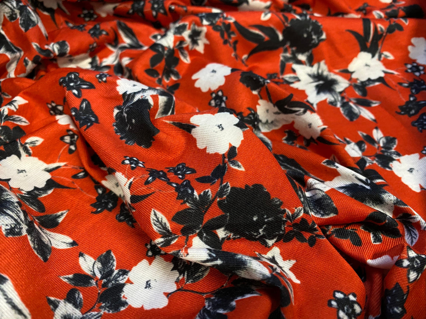 Soft handle jersey fabric, per metre - red with black & white floral print