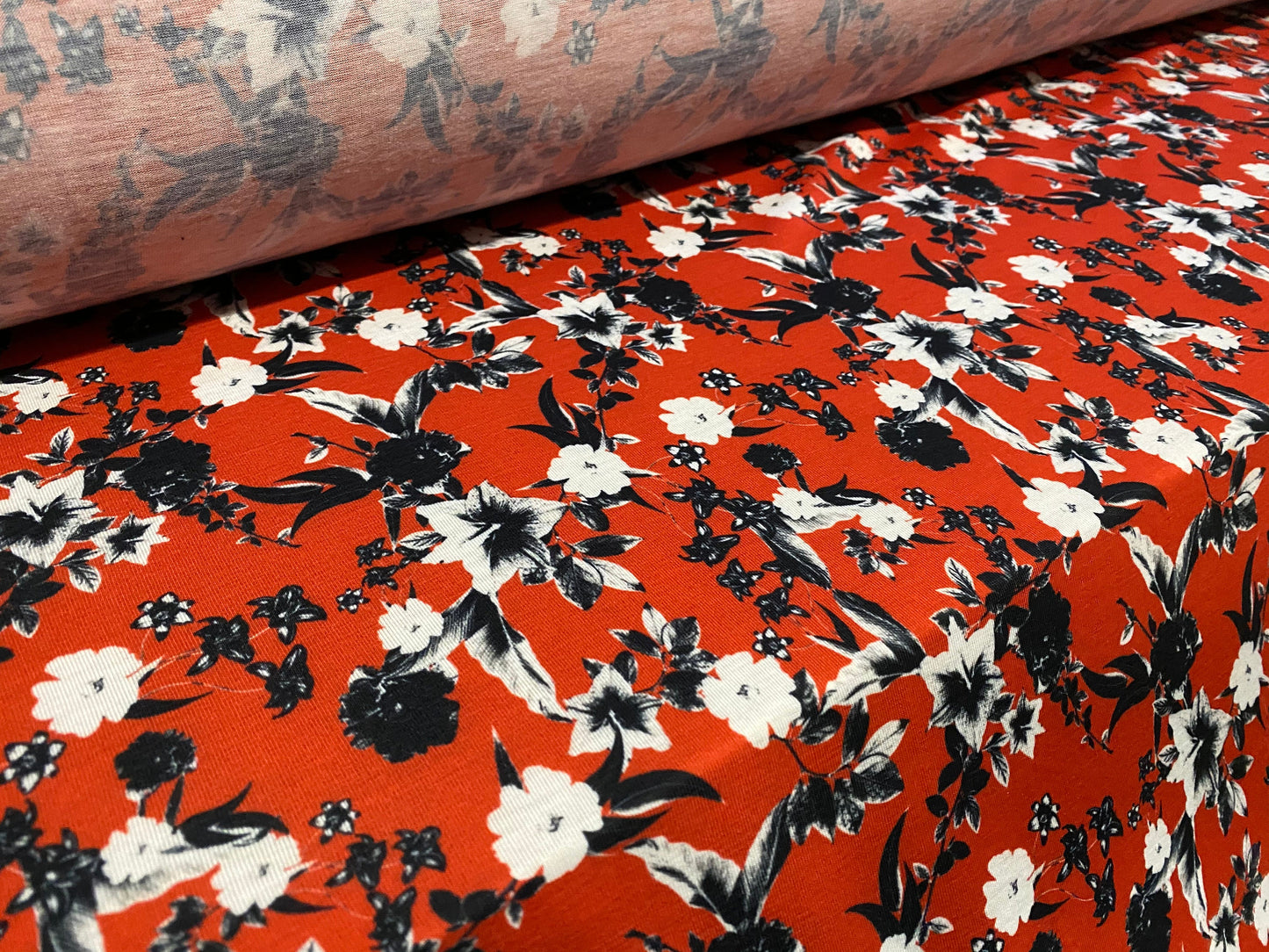 Soft handle jersey fabric, per metre - red with black & white floral print