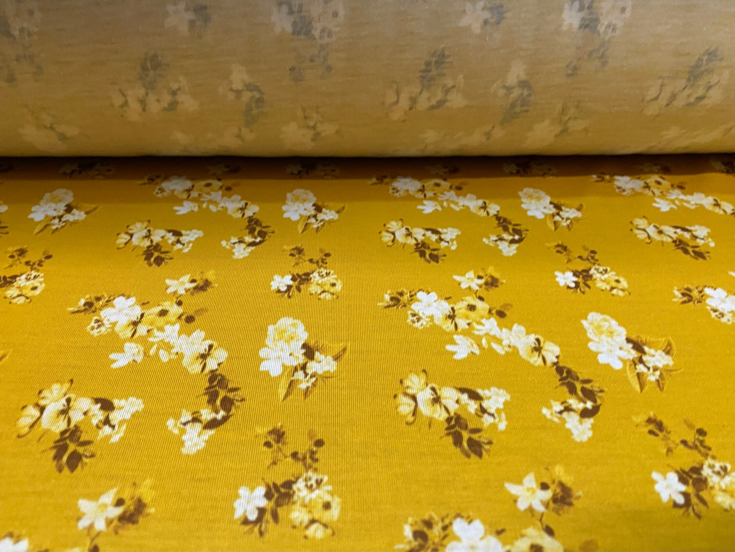 Soft handle jersey fabric, per metre - mustard with white floral flower print