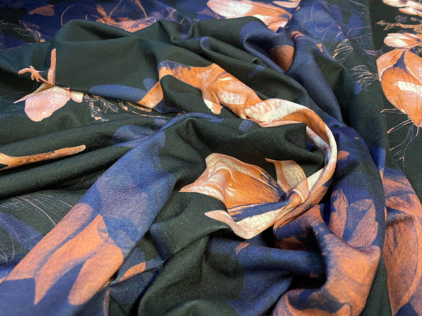 Soft handle single jersey fashion fabric, per metre - flower bud print - navy blue & coral