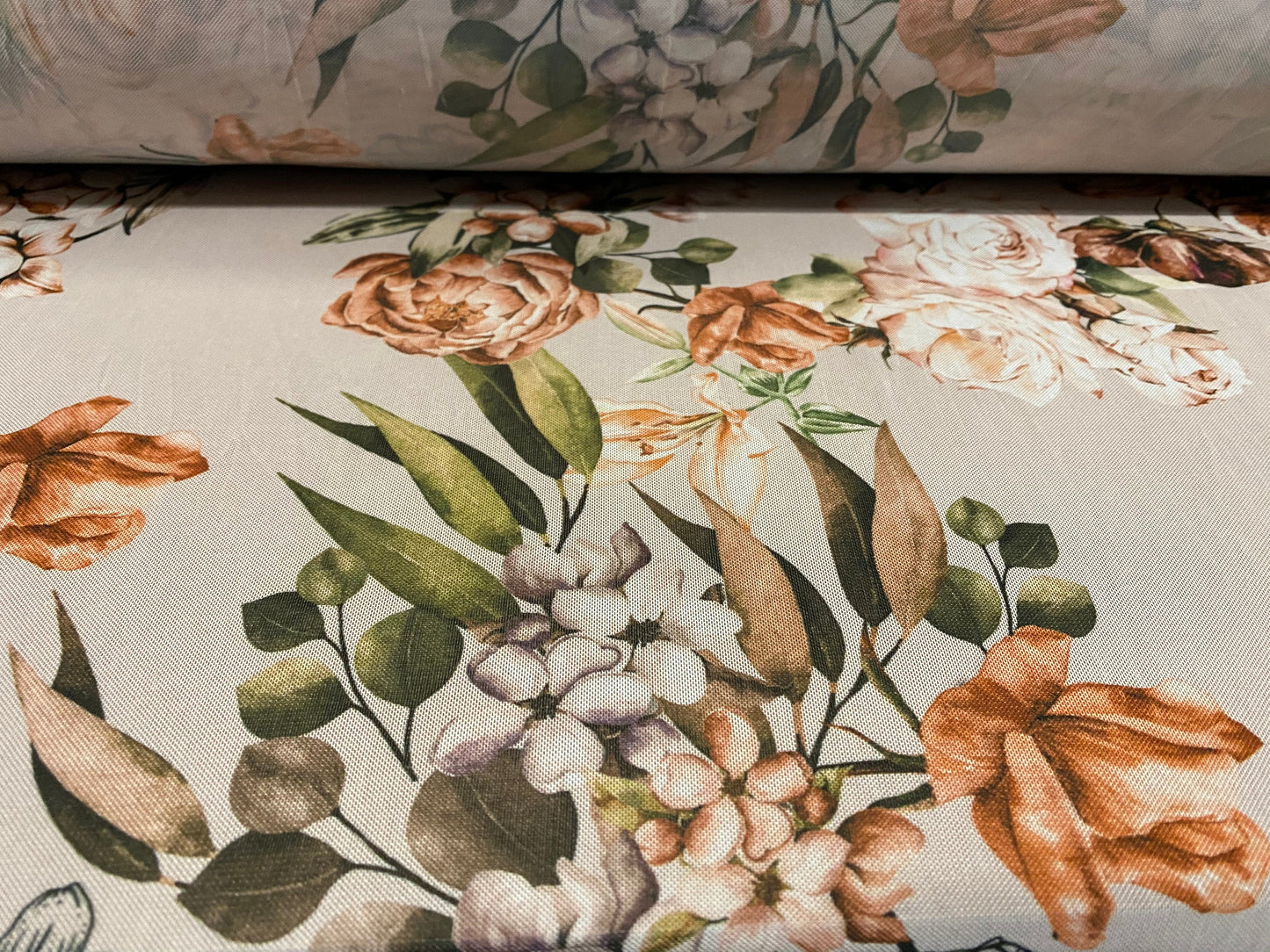 Power mesh net stretch fabric, per metre - nude & burnt Orange rose floral print