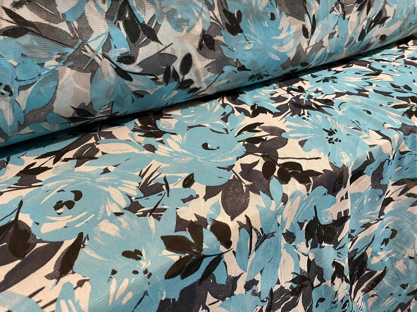 Mesh net fabric with comfort stretch, per metre - turquoise & black rose floral print
