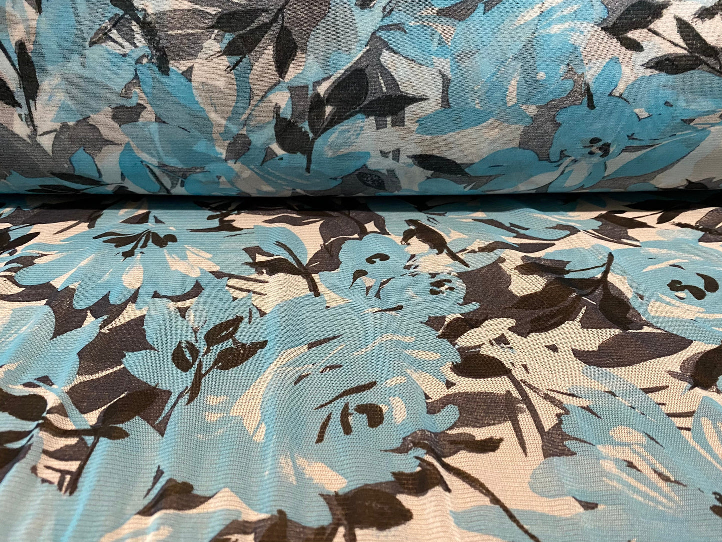 Mesh net fabric with comfort stretch, per metre - turquoise & black rose floral print
