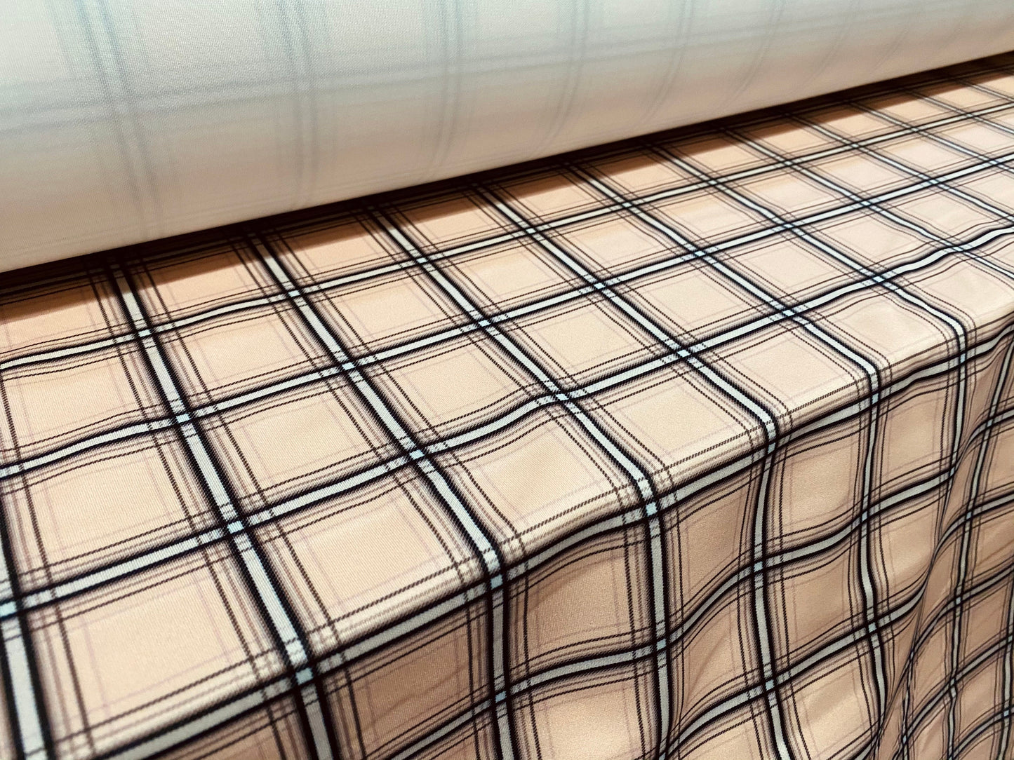 Scuba crepe fabric stretch spandex jersey, per metre - pale rose tartan check print