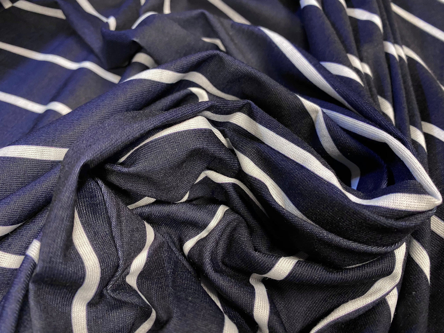 Viscose spandex stretch jersey fabric, per metre - navy & white butchers stripe print