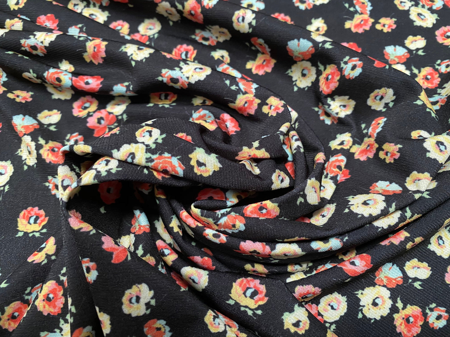 Printed stretch spandex Jersey fabric, per metre - black with multicoloured floral print