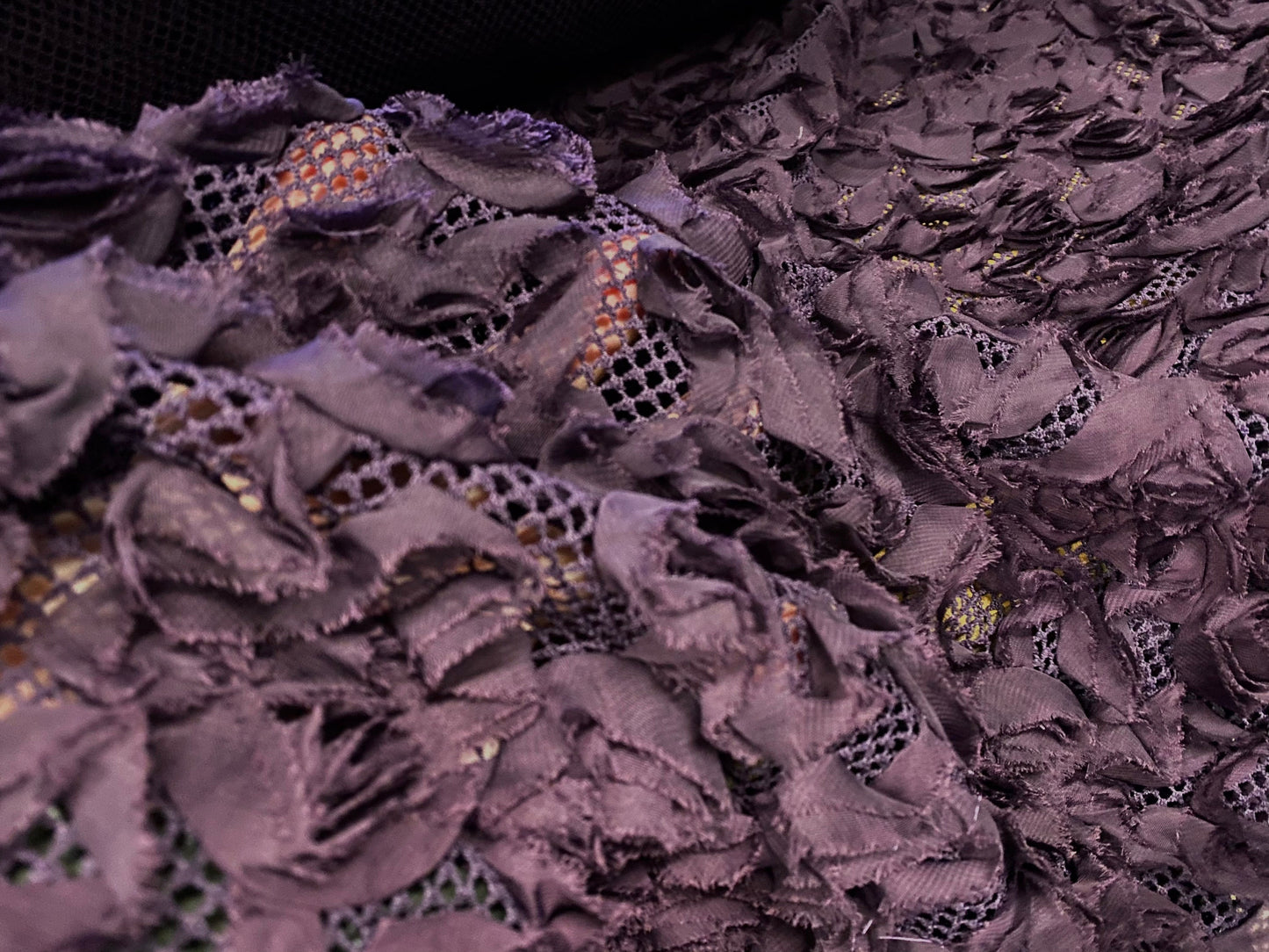 Fishnet mesh fabric with ribbon lace floral appliqué, per metre - purple