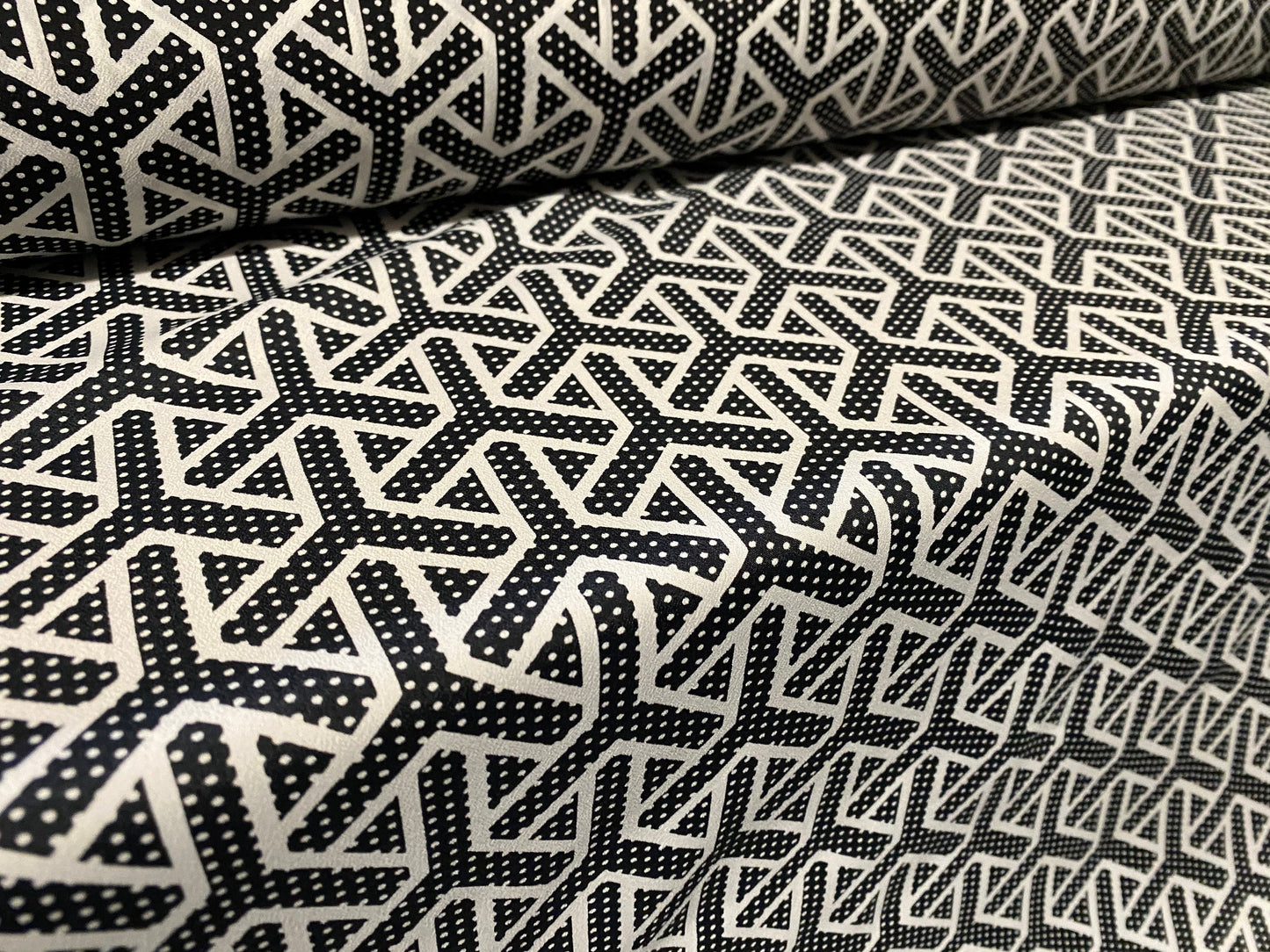 Chirimen woven crepe dress fabric, per metre - black geometric print