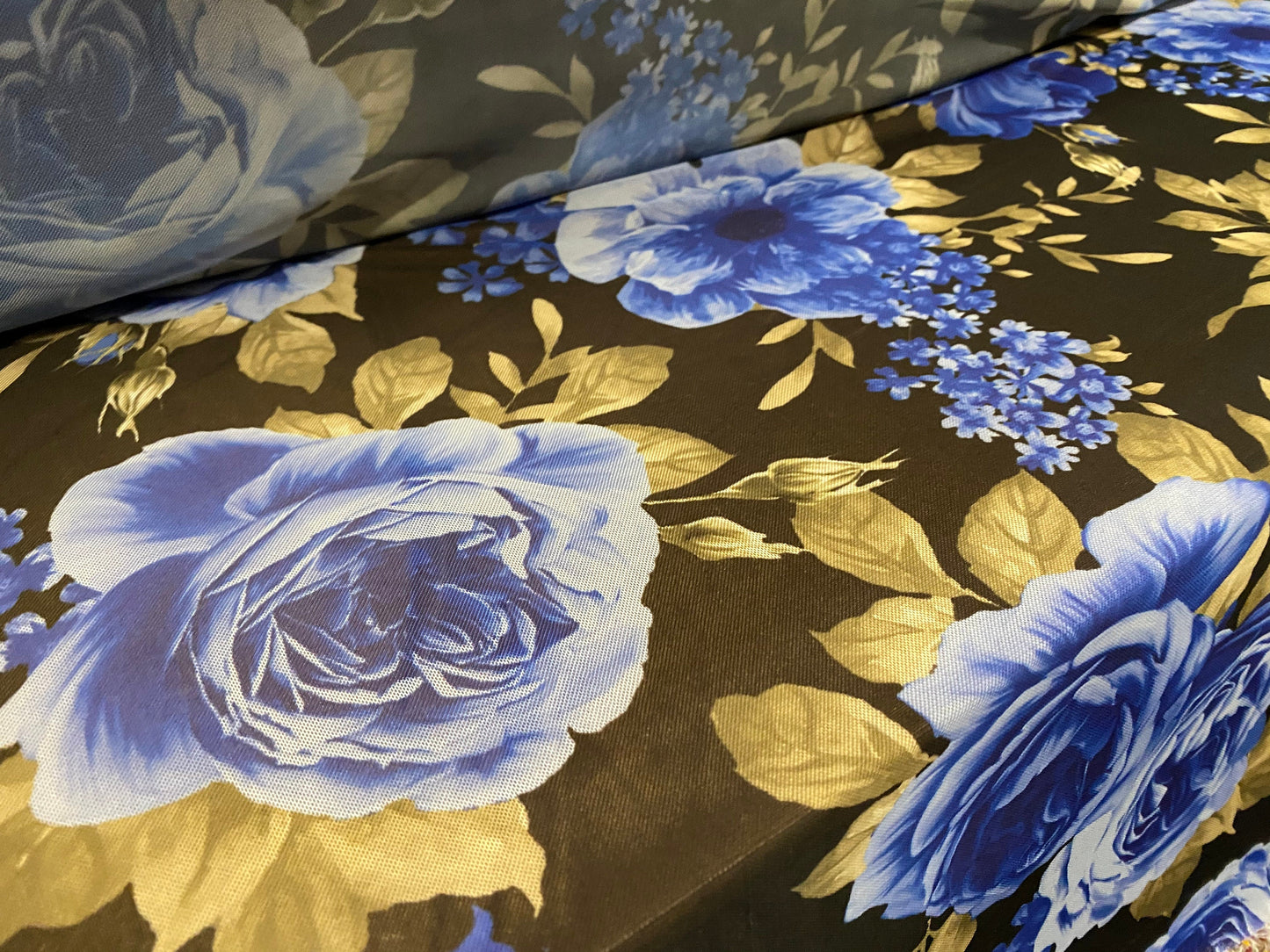 Power mesh net stretch fabric, per metre - black with blue rose floral print