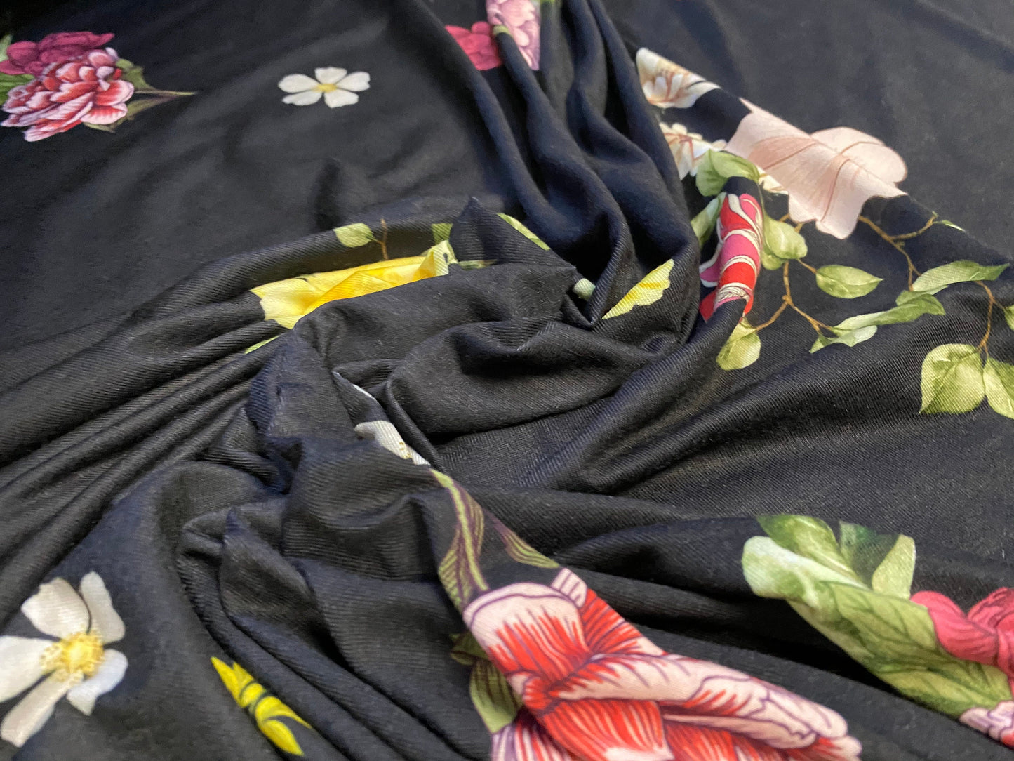 Soft handle single jersey fabric, per metre - black with floral bouquet print