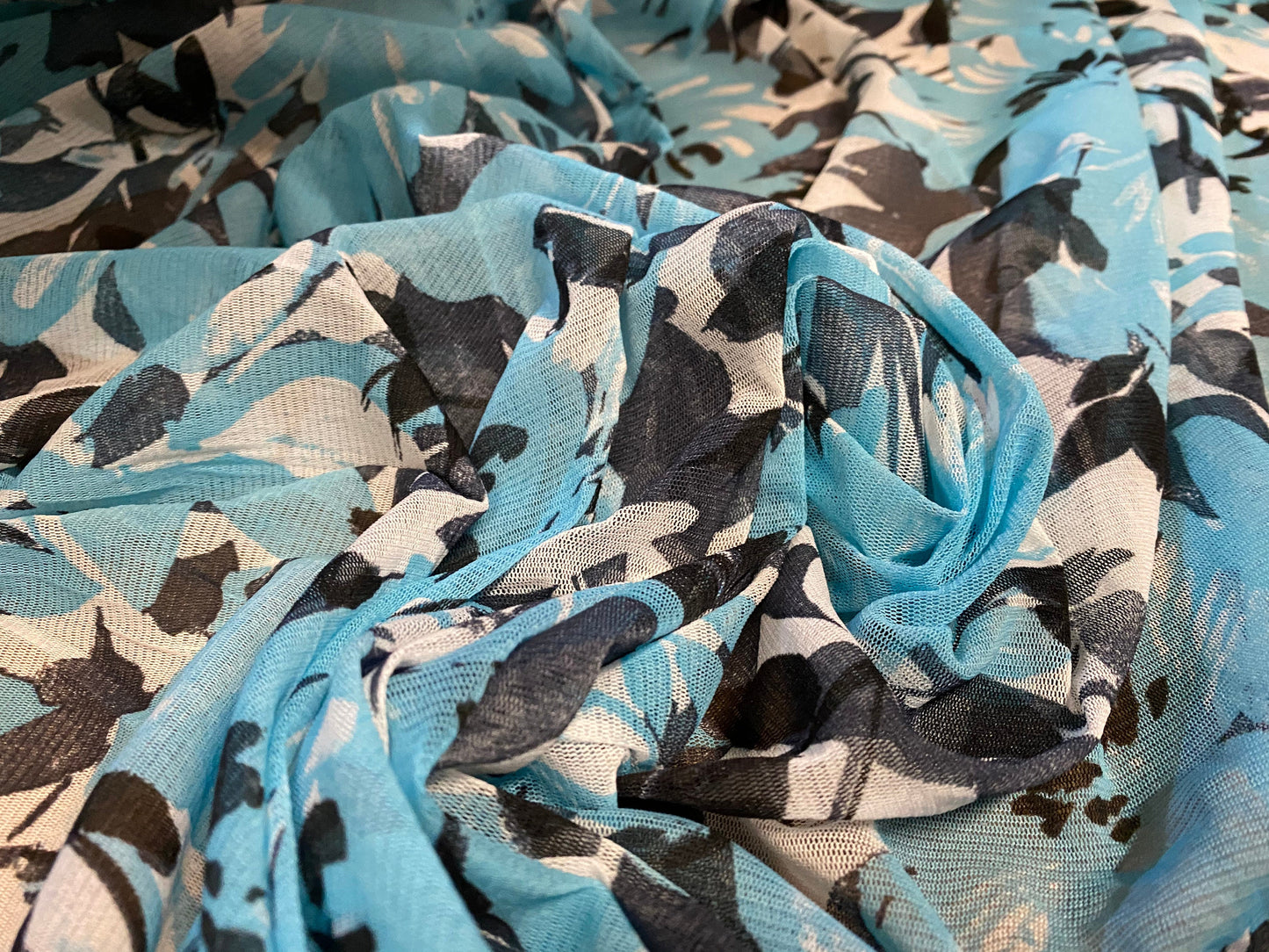 Mesh net fabric with comfort stretch, per metre - turquoise & black rose floral print