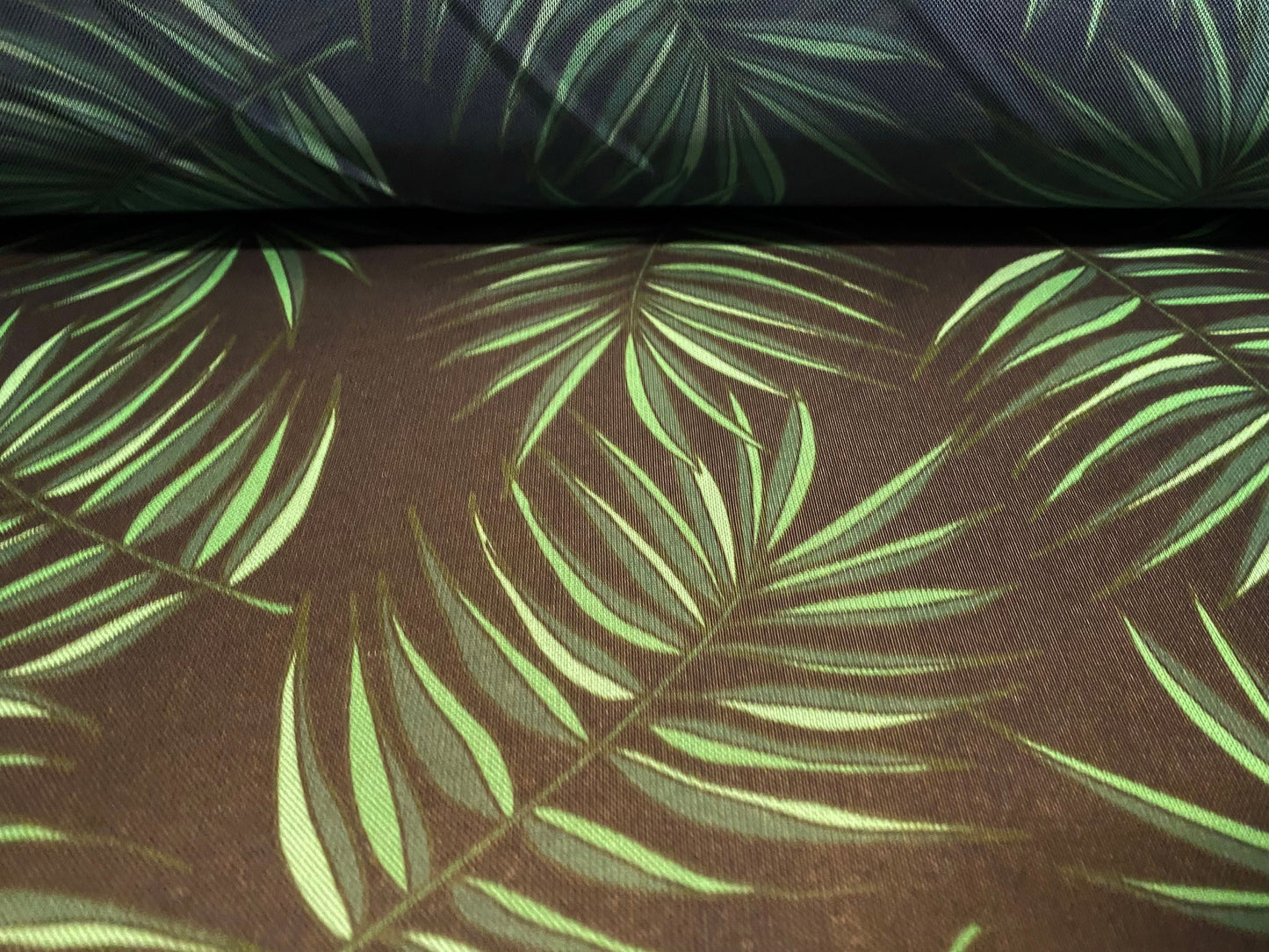 Power mesh net stretch fabric, per metre - black with green leaf print