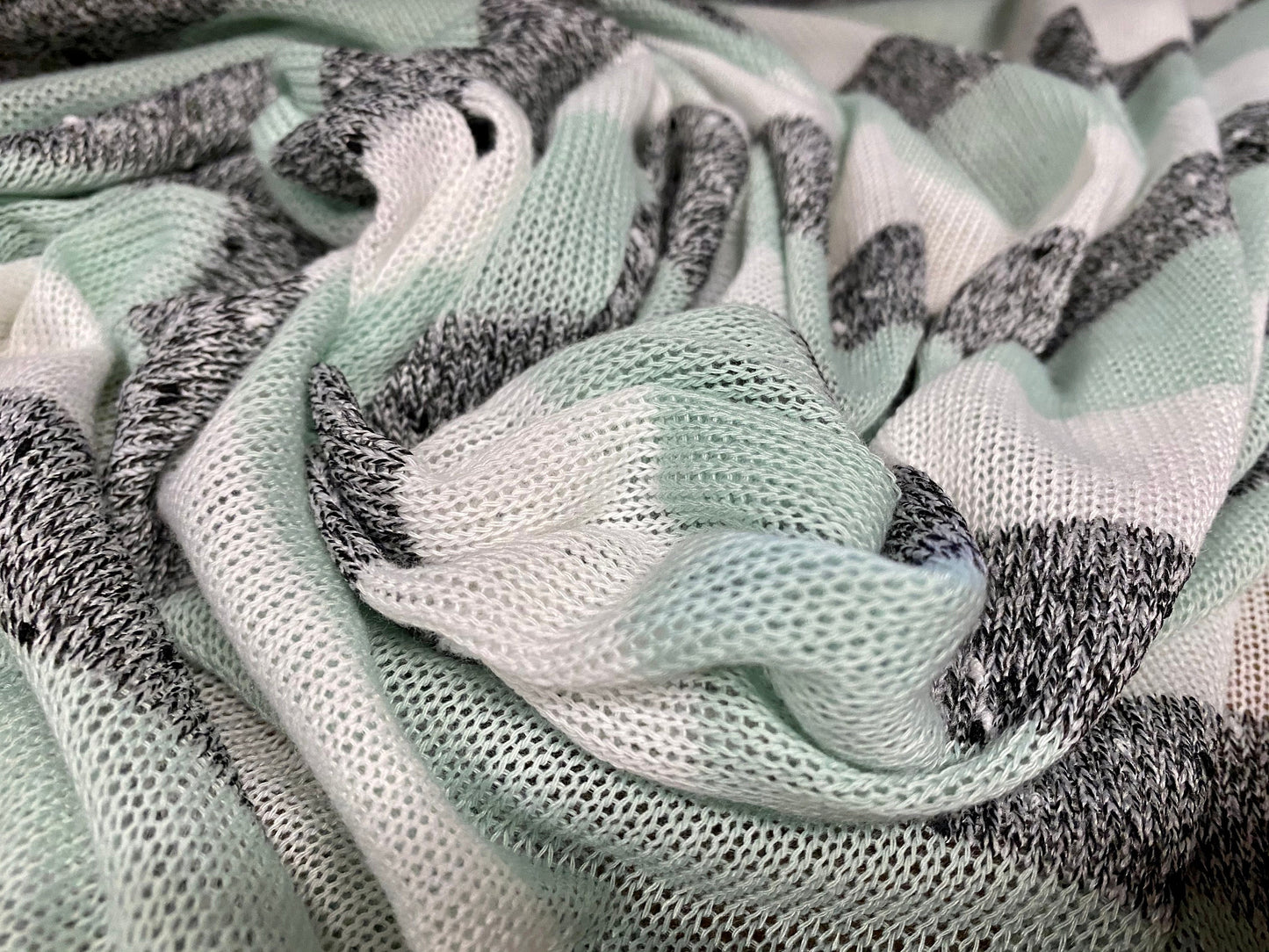 Knitwear stripe lightweight jersey fabric, per metre - grey melange slub & mint