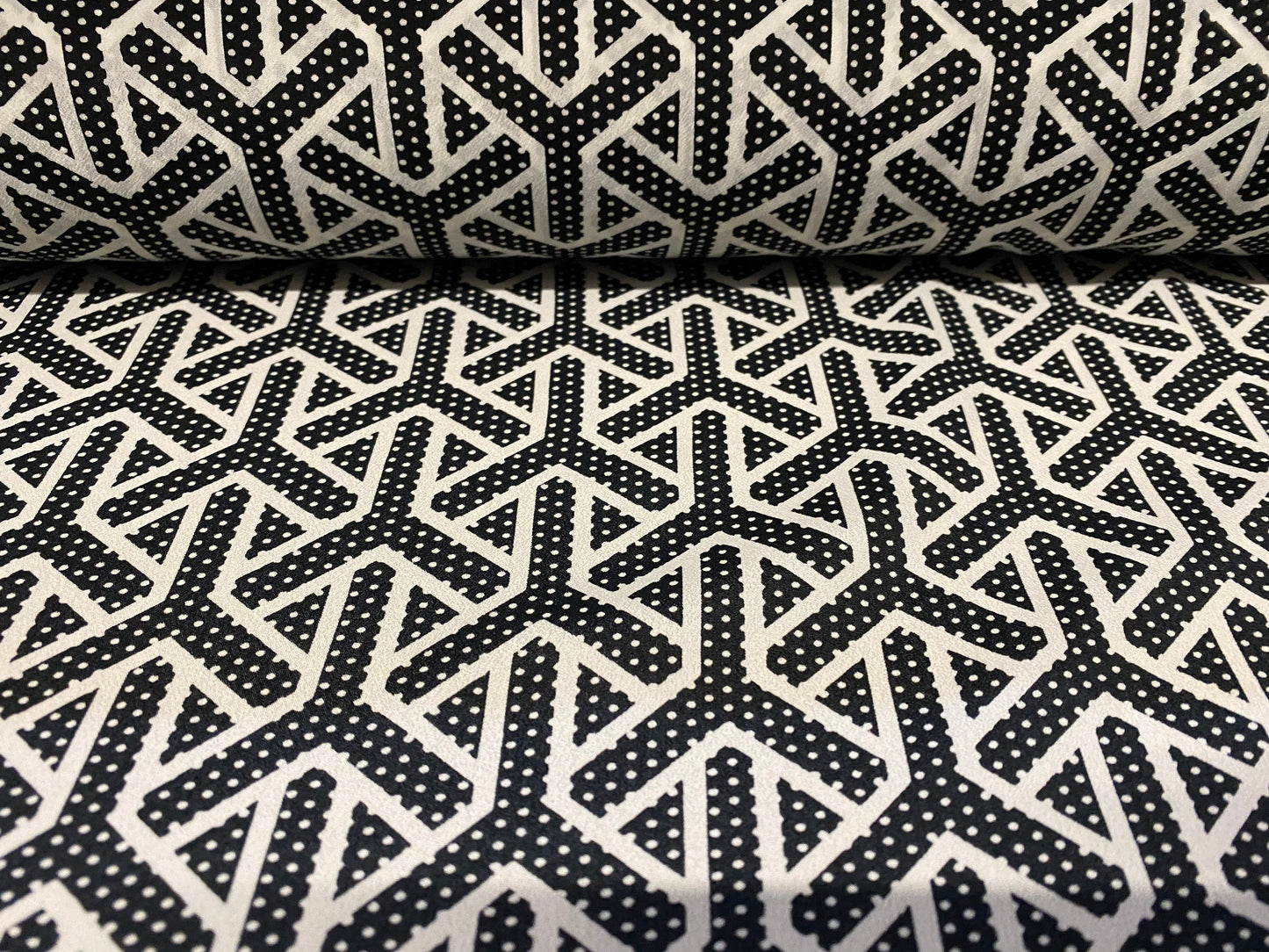 Chirimen woven crepe dress fabric, per metre - black geometric print