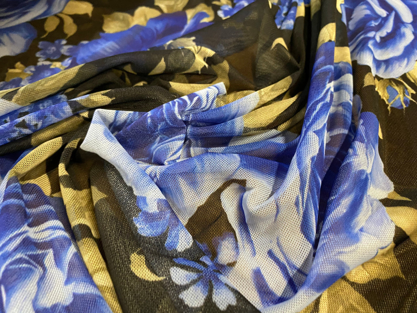 Power mesh net stretch fabric, per metre - black with blue rose floral print