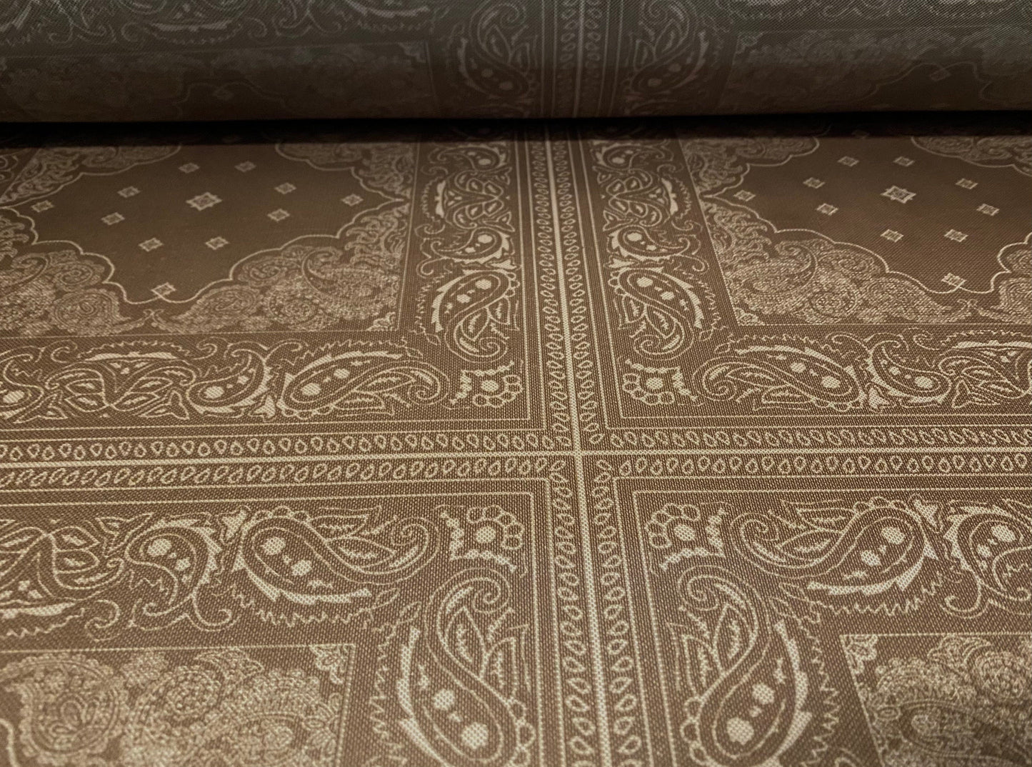 Power mesh net stretch fabric, per metre - taupe paisley geometric squares print