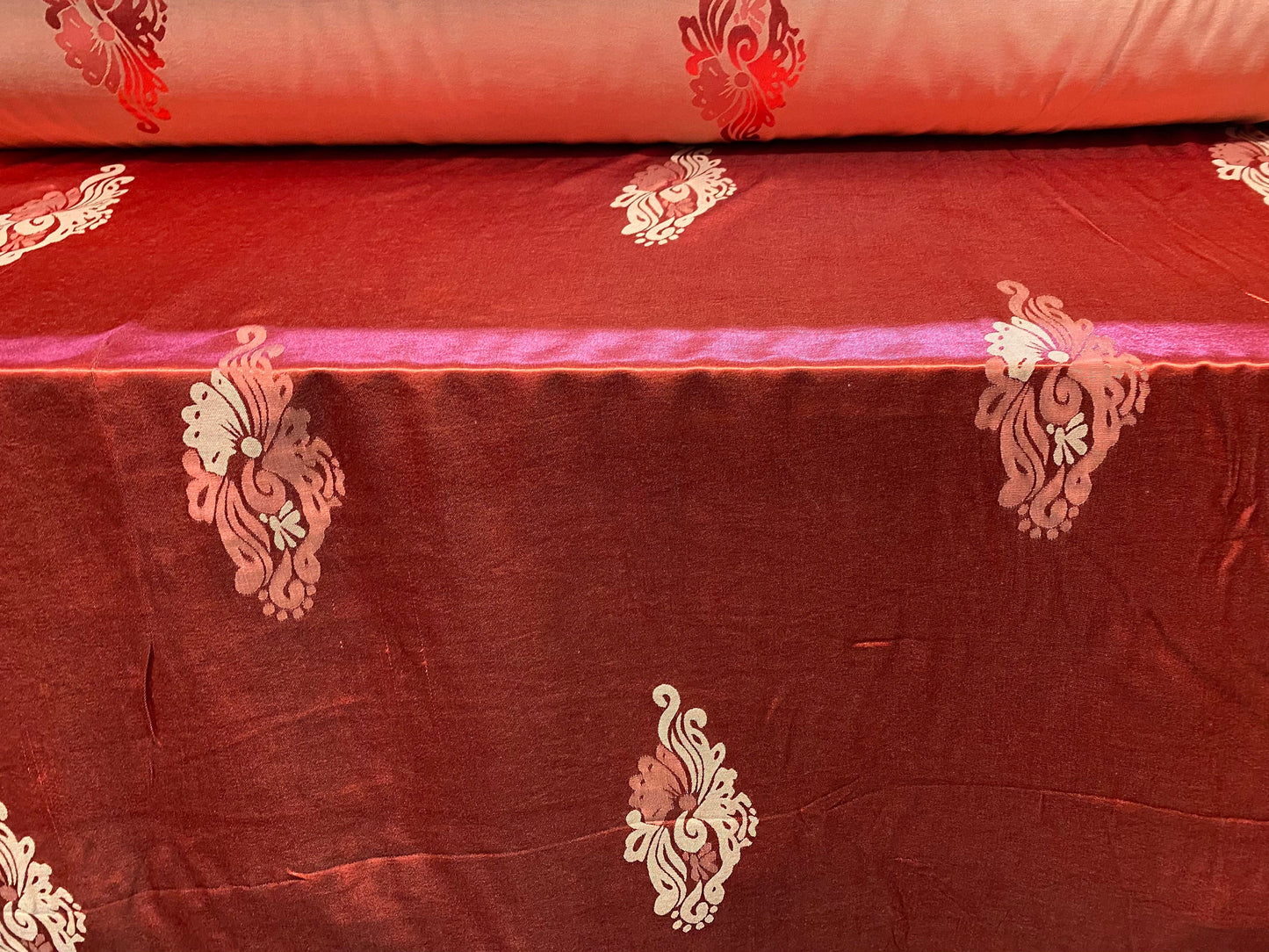 Woven soft silky satin jacquard dress fabric, per metre - cherry red