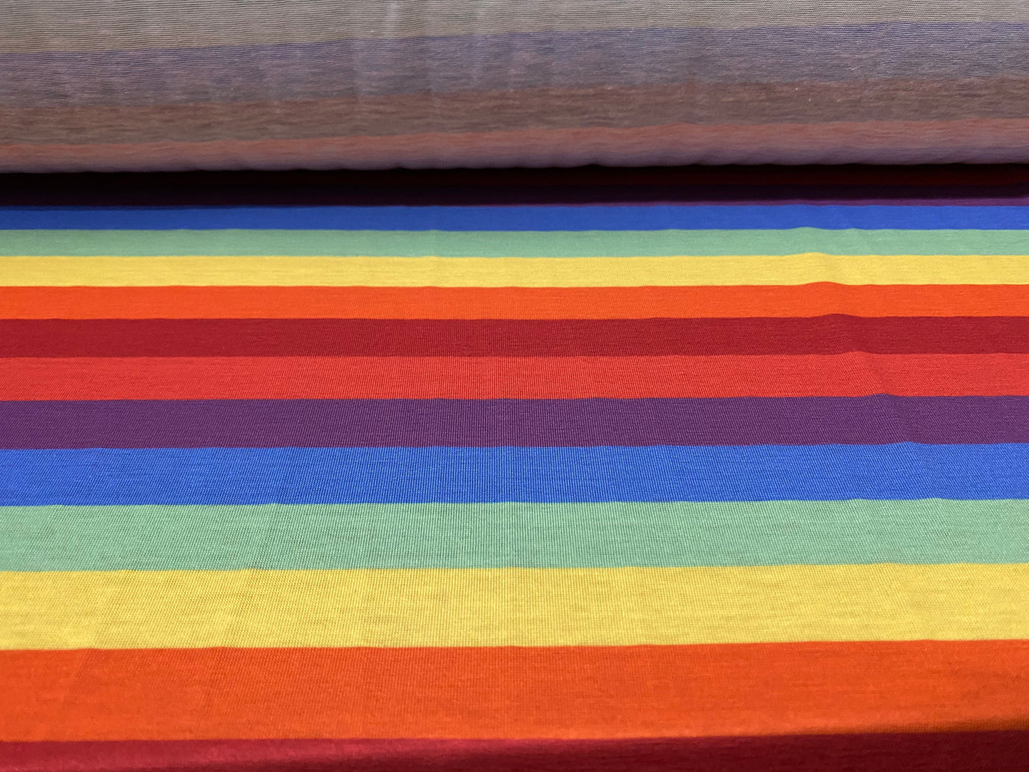 Soft handle single jersey fabric, per metre - multicolour rainbow stripe print