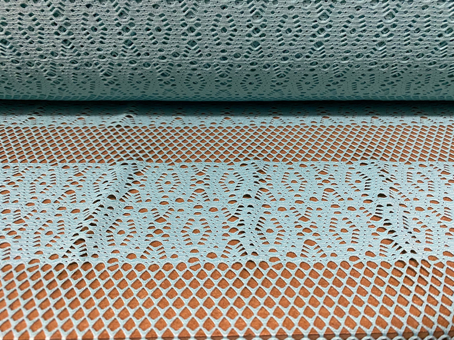Fishnet stretch mesh floral stripe jersey fabric, per metre - turquoise