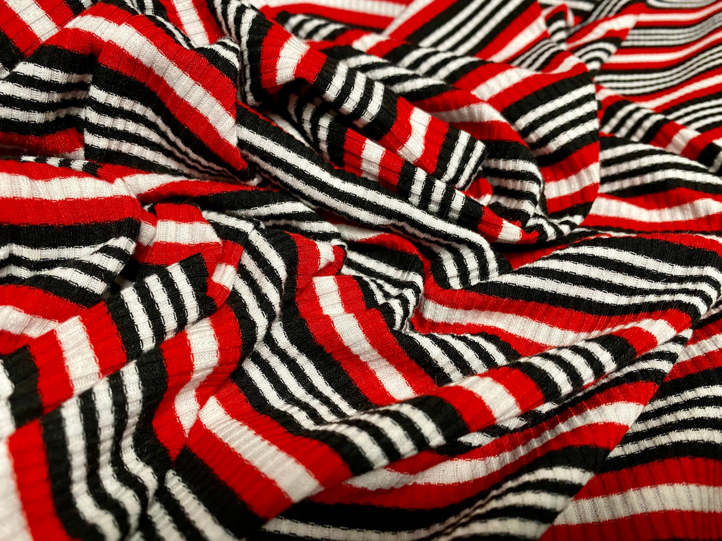 Stretch spandex rib jersey fabric, per metre - Red black & white engineered stripe